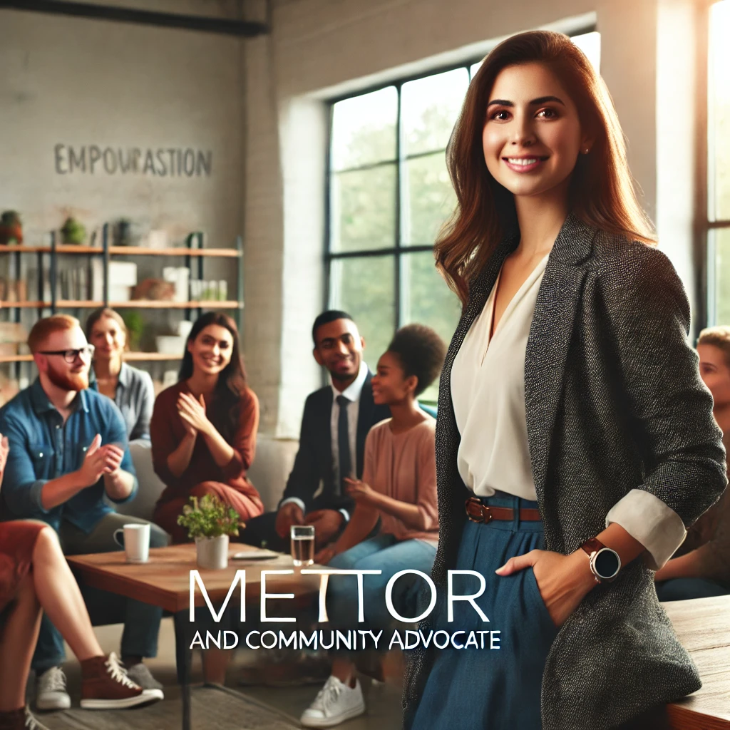 A confident woman with a warm smile, dressed in a smart casual outfit, standing in a modern community center. She is surrounded by diverse individuals, emphasizing collaboration and mentorship in an inclusive and positive environment.