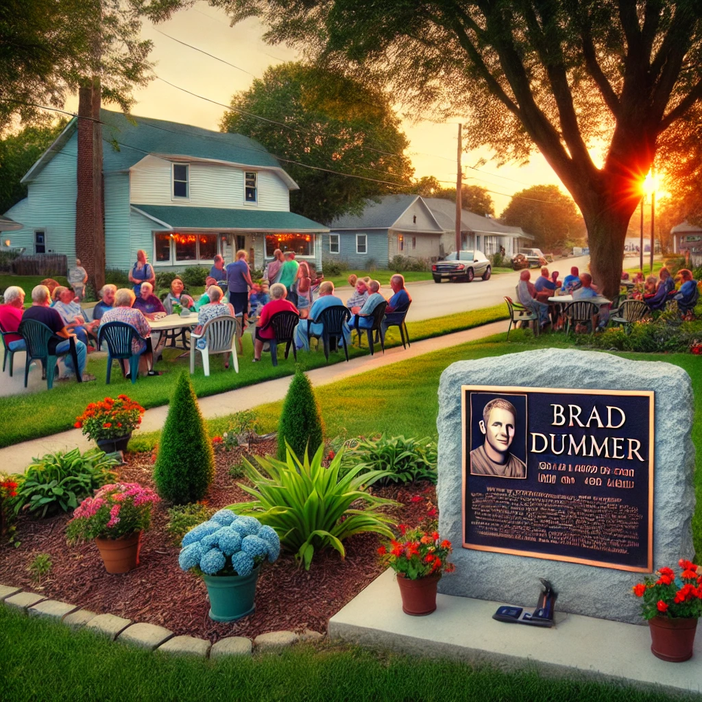 A small-town memorial garden with people sharing stories under soft evening sunlight.