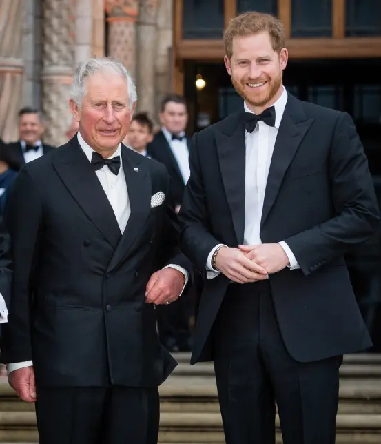 King Charles III and Prince Harry standing apart at a formal event, symbolizing their strained relationship.